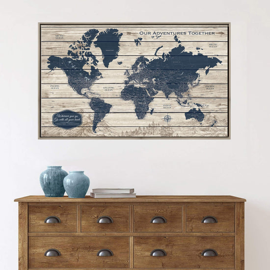 Rustic Wood Grain Push Pin World Map - Single Panel