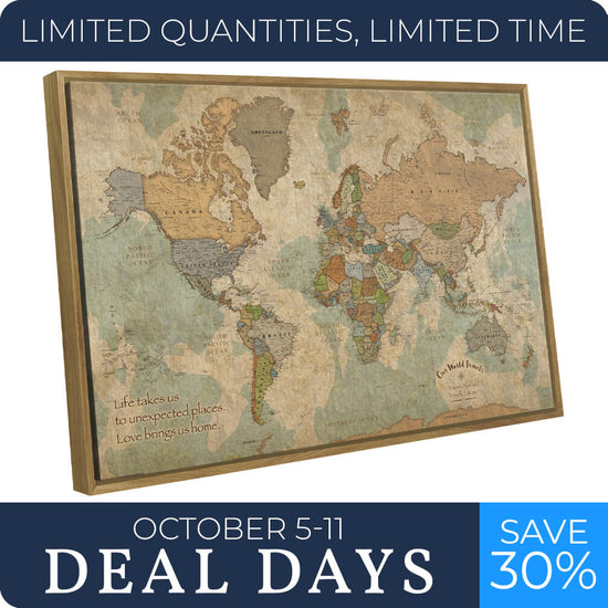 Push Pin World Travel Map - 40" x 24" in Brown frame