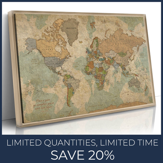 Push Pin Travel Map of the World - 48" x 30" with Floater Frame
