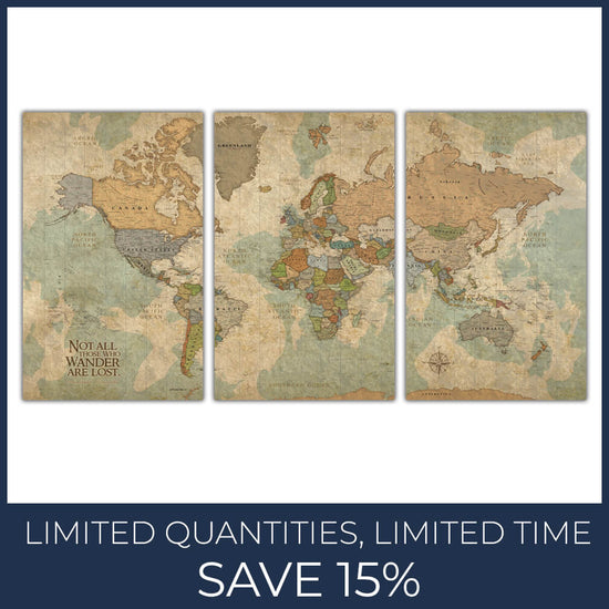 Push Pin Travel Map of the World - 3 Panel Maps, Various Sizes