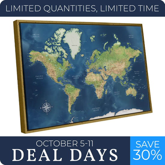 Terrain Push Pin World Map - 40" x 24" in Gold frame
