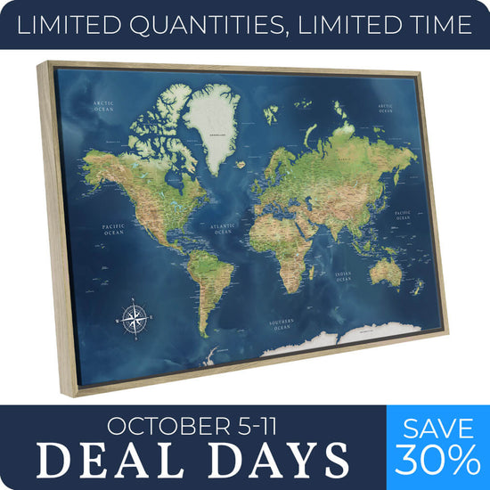 Terrain Push Pin World Map - 48" x 30" in Natural frame
