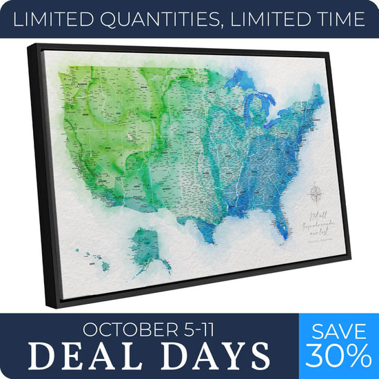 Blue & Green Watercolor USA Push Pin Map - 48" x 30" in Black frame