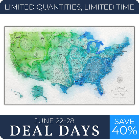 Blue & Green Watercolor USA Push Pin Map - 48" x 30"
