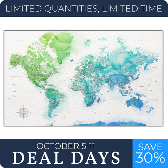 Blue & Green Watercolor World Push Pin Map - 48" x 30"
