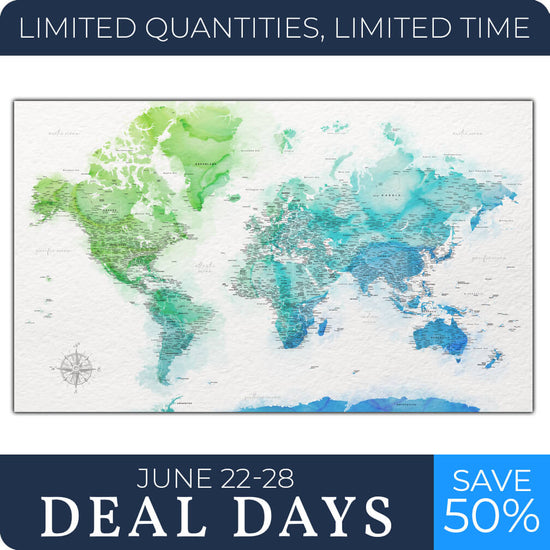 Blue & Green Watercolor World Push Pin Map - 48" x 30"