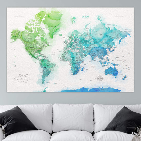 Blue & Green Watercolor World Push Pin Map on Canvas