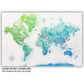 Blue & Green Watercolor World Push Pin Map on Canvas