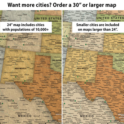 The image is a comparison of two maps of the United States and Mexico. The left map is a 24-inch map that includes smaller cities with populations of 10,000 or more, while the right map is a larger map that includes larger cities.