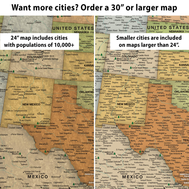 The image is a comparison of two maps of the United States and Mexico. The left map is a 24-inch map that includes smaller cities with populations of 10,000 or more, while the right map is a larger map that includes larger cities.