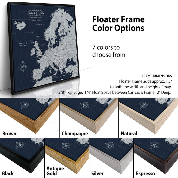 The image is a collage of different colored framed maps, showcasing various frame options and color choices.