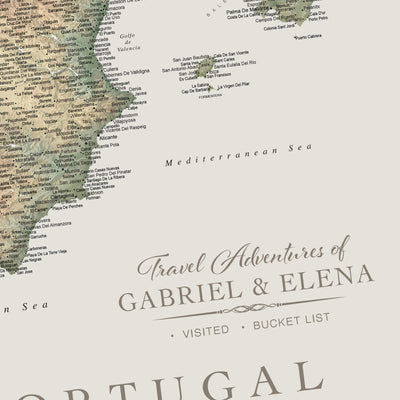The image is a map of Portugal, with various locations and landmarks marked. The map includes a section titled "Travel Adventures of Gabriel & Elena" and a section titled "Visited Bucket List", suggesting that the map is a travel guide or a bucket list of places that have been visited by Gabriel and Elena.