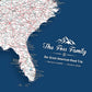 The image is a detailed map of the United States, with various states and cities clearly marked. The map is set against a blue background, and there is a logo or text in the bottom right corner that reads "The Foss Family Our Great American Road Trip TRAVELS PLANED TRAVELS TAKEN".