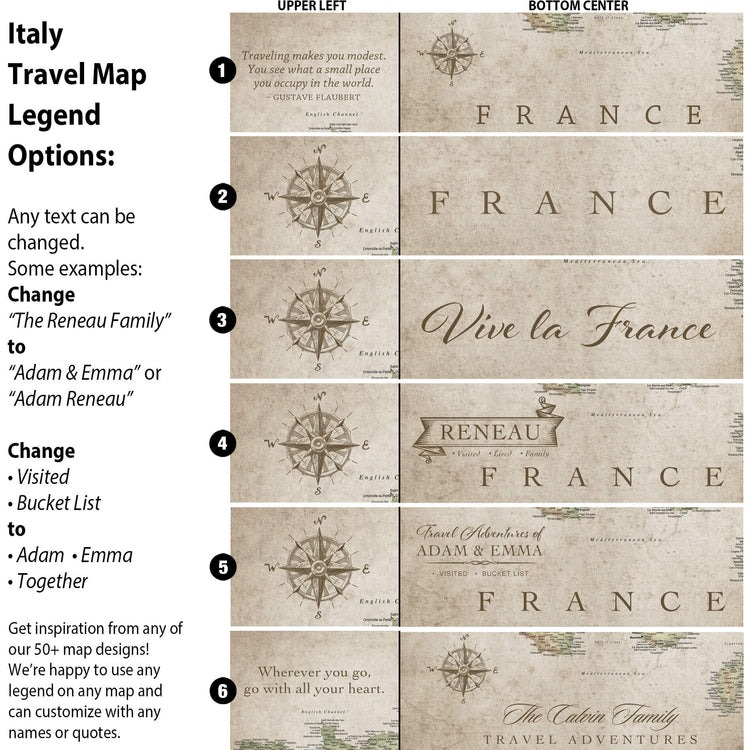 a travel map legend with various options for changing the text and adding additional information. The legend is designed to provide inspiration and customization for travelers, allowing them to personalize their map with their names or quotes.