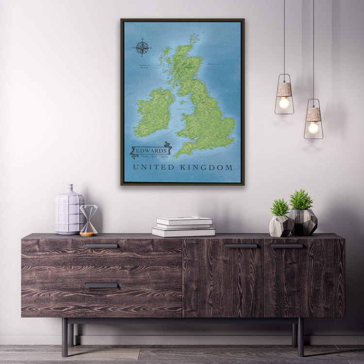 a map of the united kingdom hangs on a wall