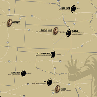 The image is a map of the United States, highlighting the locations of various football stadiums.
