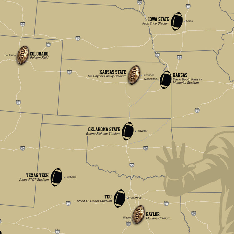 The image is a map of the United States, highlighting the locations of various football stadiums.