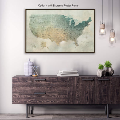 a large framed map of the United States hanging on a wall above a wooden cabinet or dresser. The cabinet has a dark finish and appears to be made of wood. There are also some decorative elements in the room, such as a potted plant and a vase.