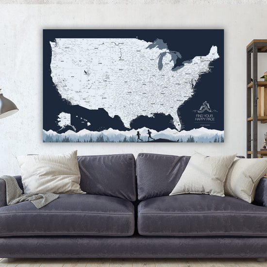 a large, detailed map of the United States with mountains and other natural features depicted.