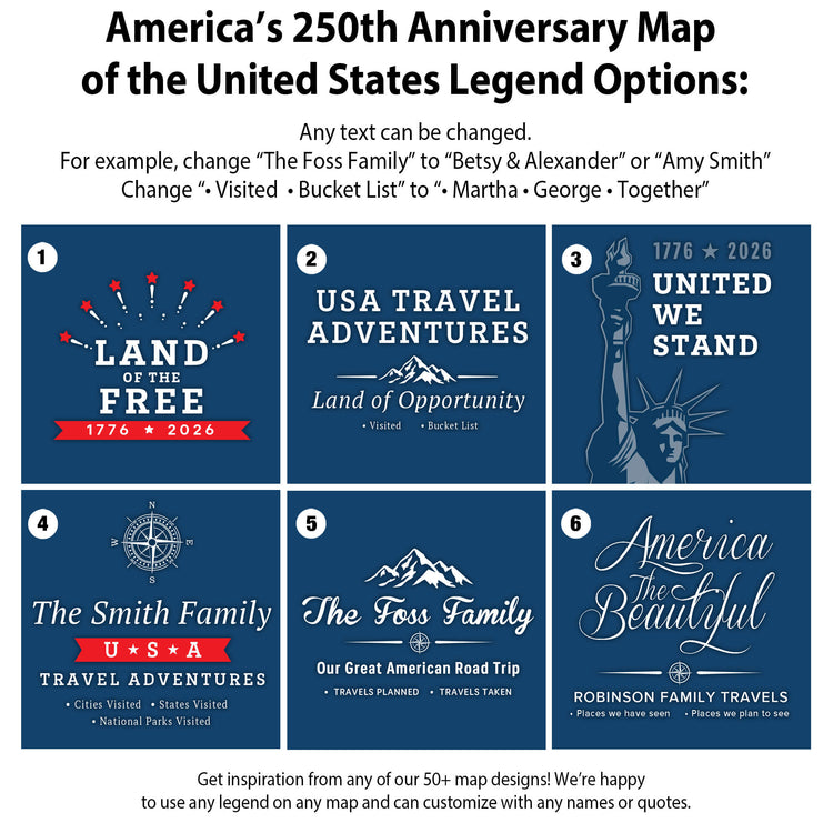 The image is a collage of six different map designs, each representing a different legend option for the United States. The maps include a legend for "Land of the Free", "USA Travel Adventures", "Land of Opportunity", "The Smith Family", "The Foss Family", and "America the Beautiful". The text on the maps can be changed to customize the legend options, and the image provides inspiration for creating unique and creative map designs.