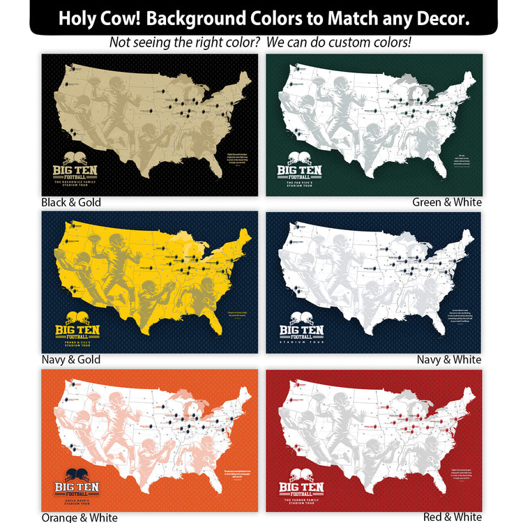 The image is a collage of six different background color options for a map of the United States, with the goal of matching any decor.