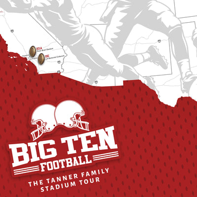 The image is a promotional poster for the "Big Ten Football" tour, featuring a football player in mid-action and a map of the United States with locations marked.