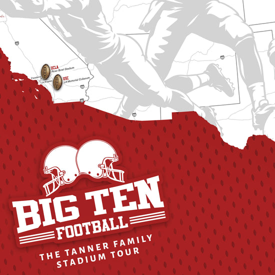 The image is a promotional poster for the "Big Ten Football" tour, featuring a football player in mid-action and a map of the United States with locations marked.