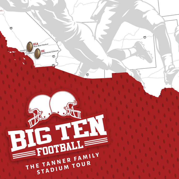 The image is a promotional poster for the "Big Ten Football" tour, featuring a football player in mid-action and a map of the United States with locations marked.
