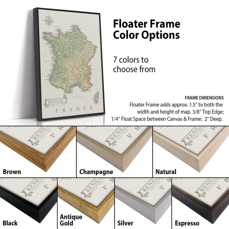 a variety of different colored frames for a map of France, including brown, champagne, natural, antique, gold, silver, and espresso. The frames are labeled with their respective colors, and the image also provides information about the frame dimensions.