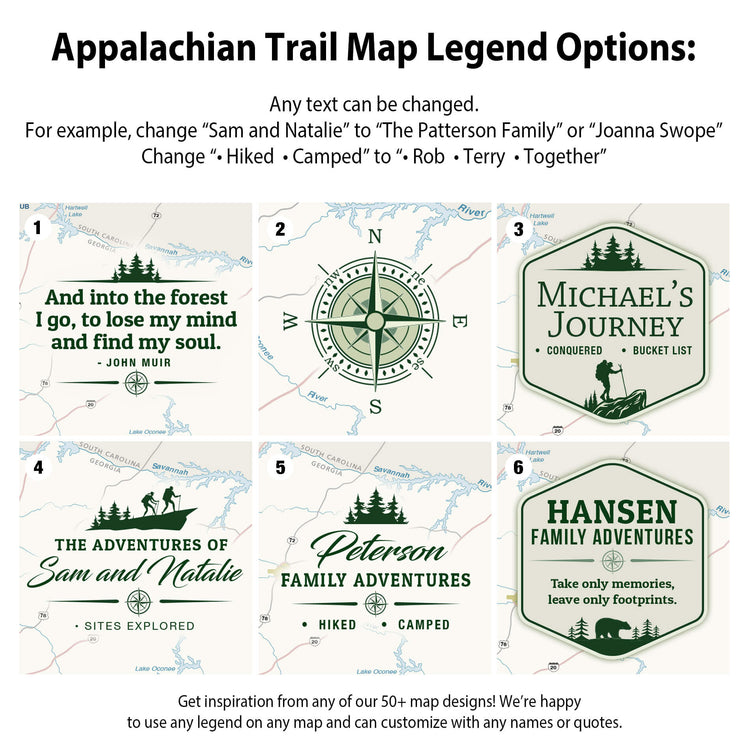 six different map designs, each with a unique theme and message. The designs include a compass rose, a mountain range, a forest scene, a family adventure, a hiking trail, and a camping area. The text options for these designs allow for customization, and the image is described in a concise and clear manner without redundancy.