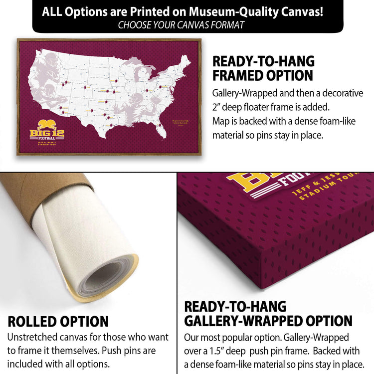The image is a collage of three different options for a canvas print of a map of the United States. The first option is a ready-to-hang framed option, the second option is a rolled option, and the third option is a gallery-wrapped option. Each option has its own unique features and benefits, such as the ability to frame the canvas yourself, the option to roll the canvas over a 1.5" deep push pin frame, and the option to include a dense foam-like material with the canvas.