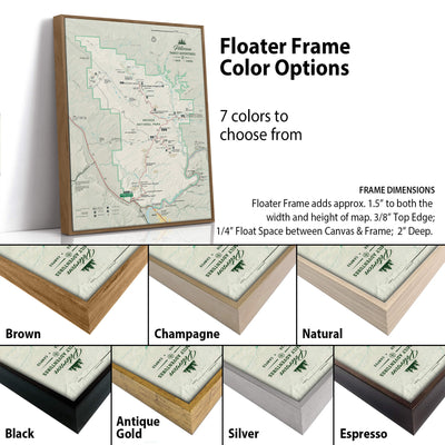 a color options page for a floating frame, featuring a map of a specific area with various frame colors available.