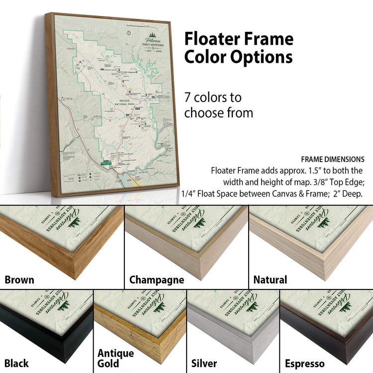 a color options page for a floating frame, featuring a map of a specific area with various frame colors available.