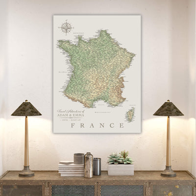 a large map of France hanging on a wall, with a wooden shelf below it displaying various items such as a lamp, a plant, and some books.