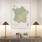 a large map of France hanging on a wall, with a wooden shelf below it displaying various items such as a lamp, a plant, and some books.