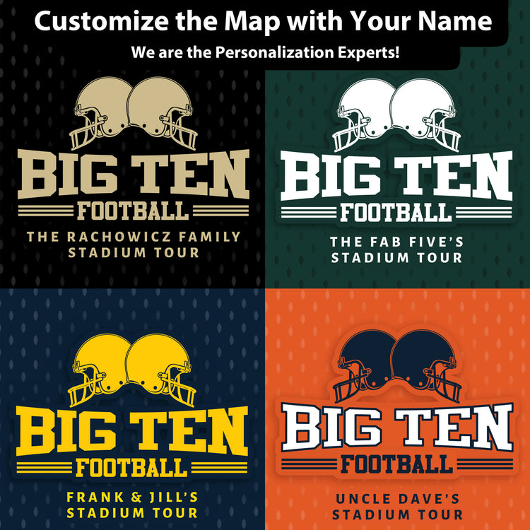 four different football-themed graphics, each with a unique color scheme and design. The graphics are intended to be customized with a person&