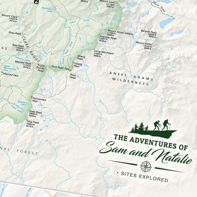 The image is a detailed topographical map of a mountainous region, with various trails and landmarks marked. The map includes a legend and a logo for "The Adventures of Sam and Natalie", indicating that this is a site exploration map for hiking and outdoor activities.