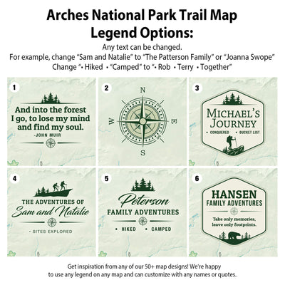 six different map designs, each with a unique theme and style. The designs include a forest trail map, a family adventure map, a hiking trail map, a camping trail map, a mountain trail map, and a nature trail map. The designs showcase various elements such as compass rose, landmarks, and trail markings, providing a diverse range of options for trail maps.