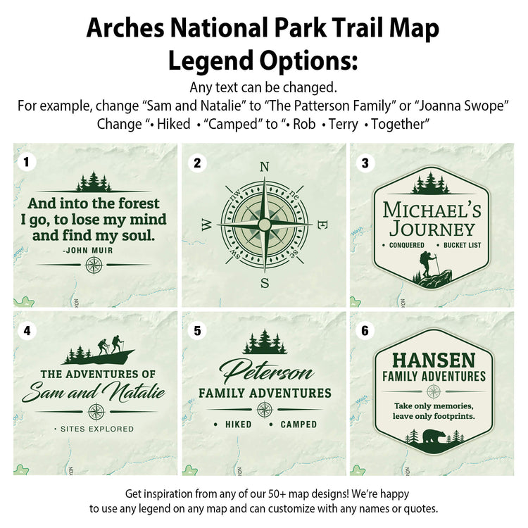 six different map designs, each with a unique theme and style. The designs include a forest trail map, a family adventure map, a hiking trail map, a camping trail map, a mountain trail map, and a nature trail map. The designs showcase various elements such as compass rose, landmarks, and trail markings, providing a diverse range of options for trail maps.