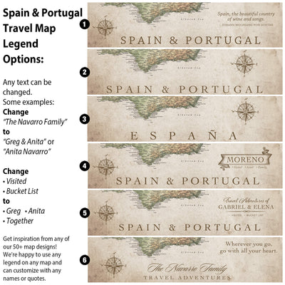 The image is a travel map legend featuring various options for customizing the map, including changing the title, adding a new country, and altering the text.
