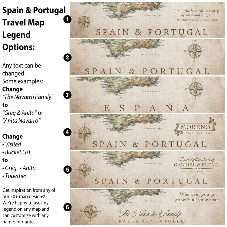 The image is a travel map legend featuring various options for customizing the map, including changing the title, adding a new country, and altering the text.