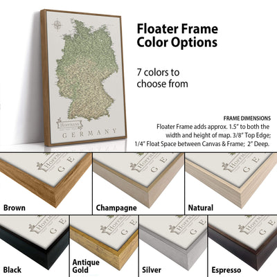 The image is a collage of different colored frames for a map of Germany, with a focus on the frame options available for the map.