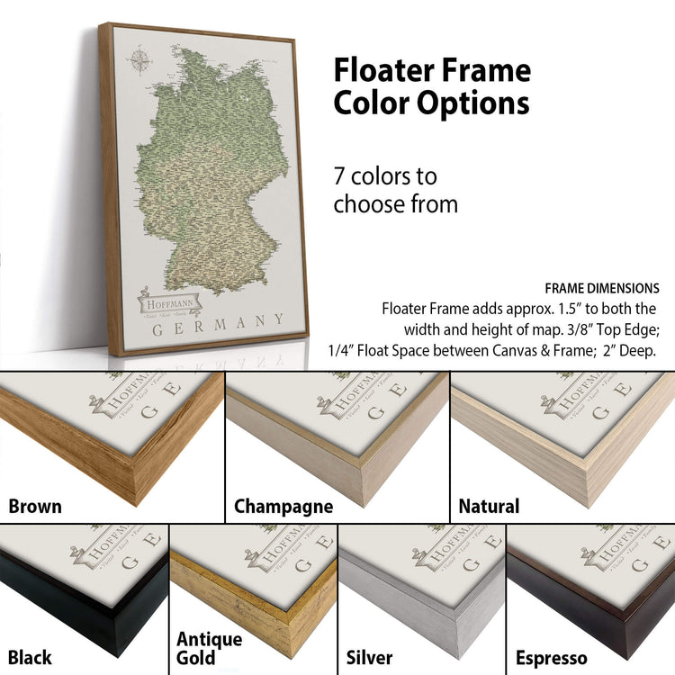 The image is a collage of different colored frames for a map of Germany, with a focus on the frame options available for the map.