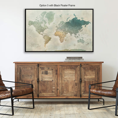 a large world map displayed on a wall above a wooden cabinet with four doors. The cabinet has a black frame and is positioned in front of two leather chairs.
