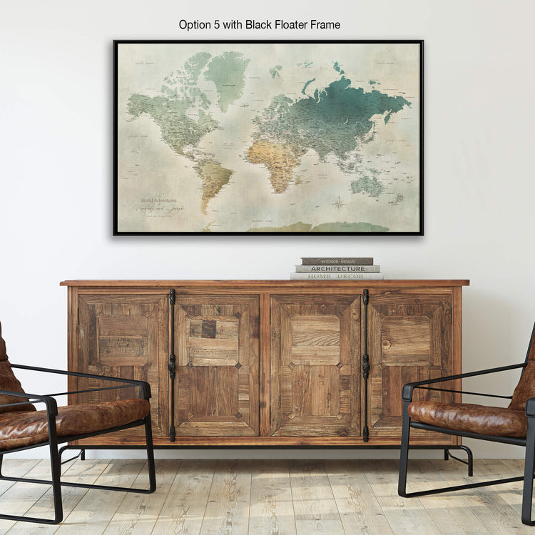 a large world map displayed on a wall above a wooden cabinet with four doors. The cabinet has a black frame and is positioned in front of two leather chairs.