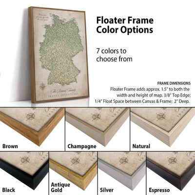 The image is a collage of different colored frames for a map of Germany, with a focus on the frame color options available.
