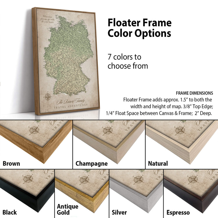 The image is a collage of different colored frames for a map of Germany, with a focus on the frame color options available.