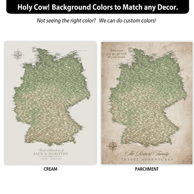The image is a collage of two different background color options for a map of Germany. The first option is a cream color, and the second option is a vintage-style background.