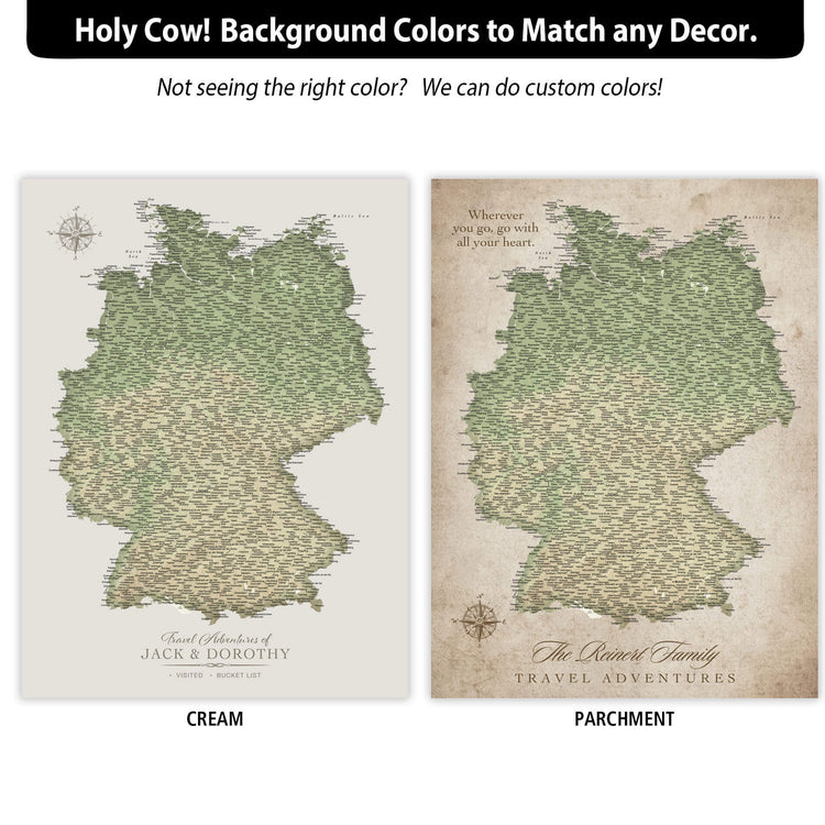 The image is a collage of two different background color options for a map of Germany. The first option is a cream color, and the second option is a vintage-style background.