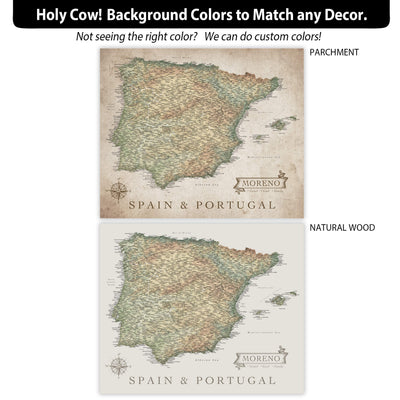 The image is a collage of two different background color options for a map of Spain and Portugal. The first option is a natural wood background, and the second option is a neutral background. The collage is designed to help viewers choose the most suitable background color to match their desired decor.